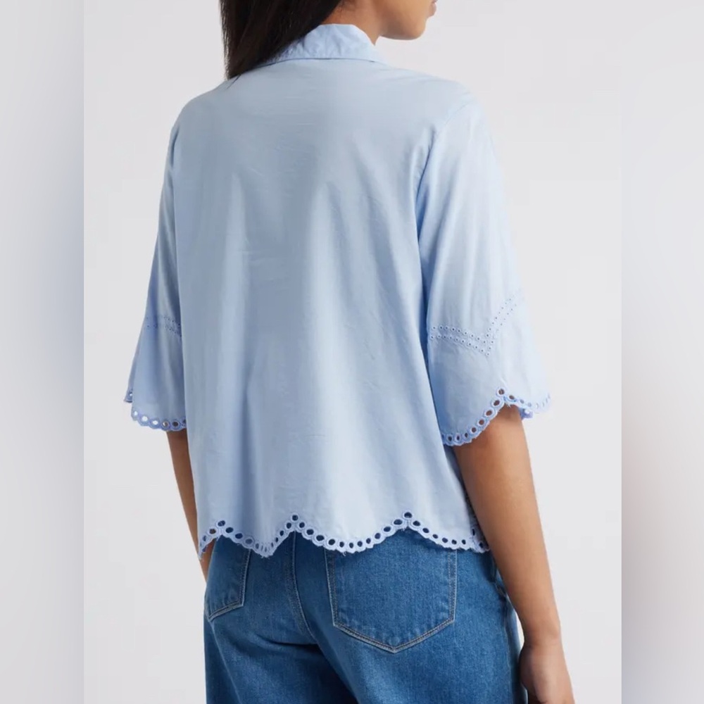 Beach Lunch Lounge Collection Azure Blue Clo Eyelet Border Button Up Top Sz XL - Picture 7 of 8